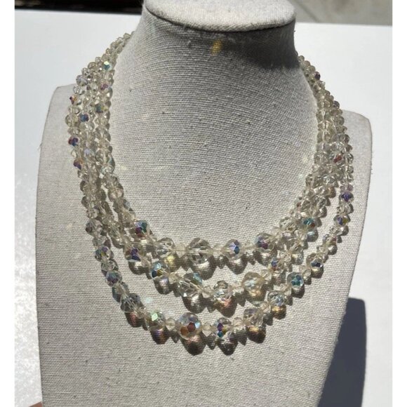 Vintage 3 Strand AB Aurora Borealis Crystal Faceted Beads Style Necklace 15.5” - Picture 7 of 13